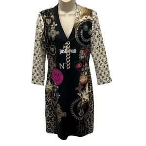 Just Cavalli Graphic Dress Long Sleeve Bling Bodycon Size US 8
